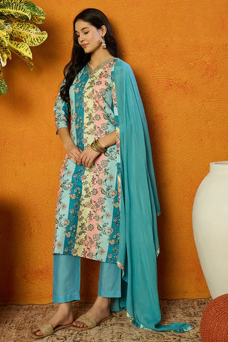 Multi Color Cotton Blend Floral Print Suit Set with Dupatta