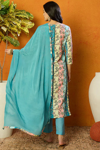 Multi Color Cotton Blend Floral Print Suit Set with Dupatta