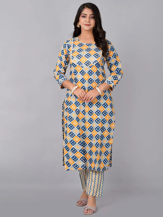 Multi Color Cotton Print & Thread Detailing Kurta Pant Set