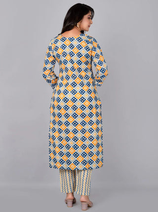 Multi Color Cotton Print & Thread Detailing Kurta Pant Set