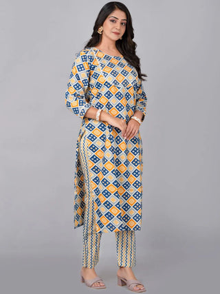 Multi Color Cotton Print & Thread Detailing Kurta Pant Set