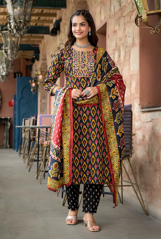 Multicolored Viscose Printed & Embroidered Straight Shape Suit Set with Chanderi Cotton Dupatta