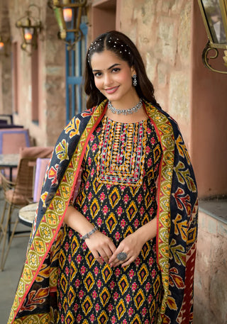 Multicolored Viscose Printed & Embroidered Straight Shape Suit Set with Chanderi Cotton Dupatta