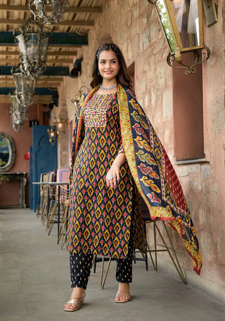 Multicolored Viscose Printed & Embroidered Straight Shape Suit Set with Chanderi Cotton Dupatta