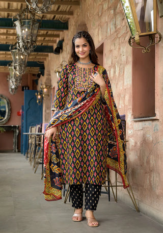 Multicolored Viscose Printed & Embroidered Straight Shape Suit Set with Chanderi Cotton Dupatta