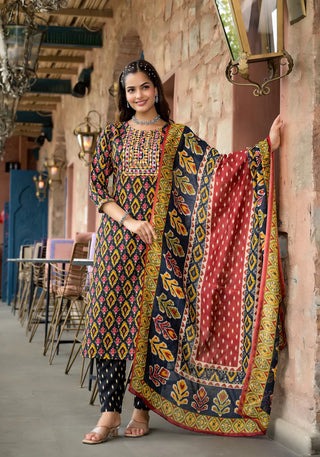 Multicolored Viscose Printed & Embroidered Straight Shape Suit Set with Chanderi Cotton Dupatta