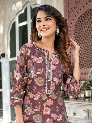 Brown Muslin Silk Flora Print Straight Shape Kurta Trouser Set