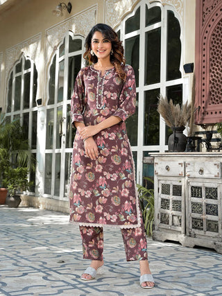 Brown Muslin Silk Flora Print Straight Shape Kurta Trouser Set