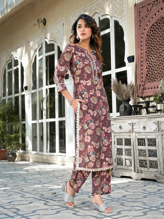 Brown Muslin Silk Flora Print Straight Shape Kurta Trouser Set