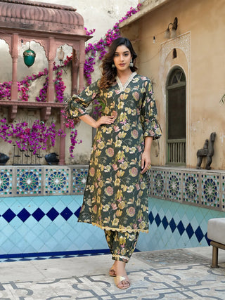 Olive Green Muslin Silk Floral Print Kurta Trouser Set