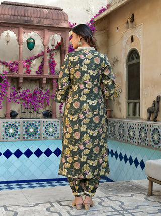 Olive Green Muslin Silk Floral Print Kurta Trouser Set