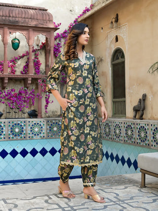 Olive Green Muslin Silk Floral Print Kurta Trouser Set