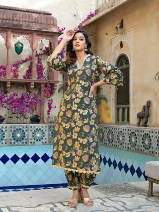 Olive Green Muslin Silk Floral Print Kurta Trouser Set