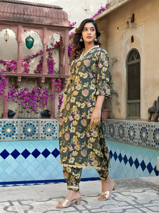 Olive Green Muslin Silk Floral Print Kurta Trouser Set