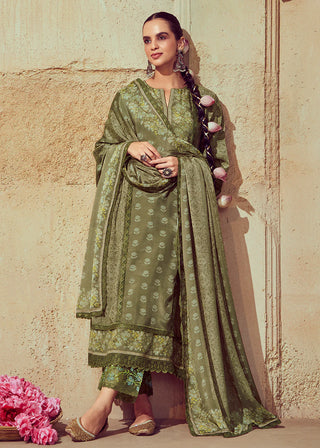 Green Muslin Digital Printed & Embroidered Suit Set with Chinon Dupatta