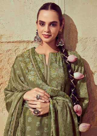 Green Muslin Digital Printed & Embroidered Suit Set with Chinon Dupatta