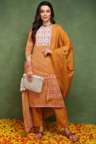 Mustard Cotton Printed & Embroidered Straight Shape Suit Set with Dupatta