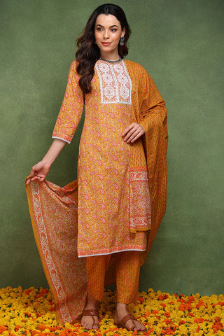 Mustard Cotton Printed & Embroidered Straight Shape Suit Set with Dupatta