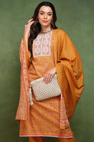 Mustard Cotton Printed & Embroidered Straight Shape Suit Set with Dupatta