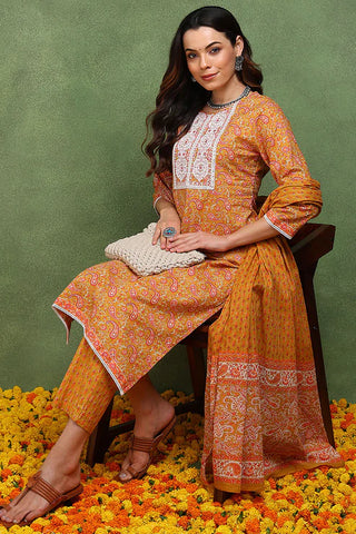 Mustard Cotton Printed & Embroidered Straight Shape Suit Set with Dupatta