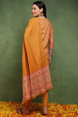 Mustard Cotton Printed & Embroidered Straight Shape Suit Set with Dupatta