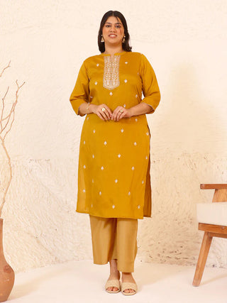 Mustard Crepe Silk Embroidered Straight Cut Kurta