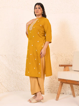 Mustard Crepe Silk Embroidered Straight Cut Kurta