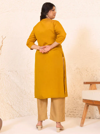 Mustard Crepe Silk Embroidered Straight Cut Kurta