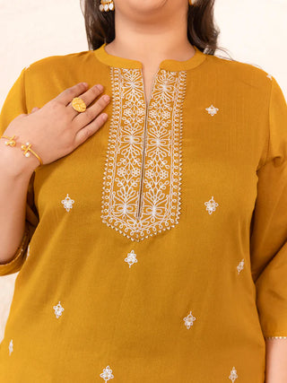 Mustard Crepe Silk Embroidered Straight Cut Kurta