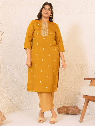 Mustard Crepe Silk Embroidered Straight Cut Kurta