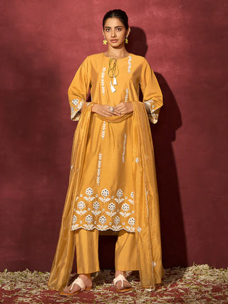 Mustard Silk Blend Schiffli Embroidered Suit Set with Organza Dupatta