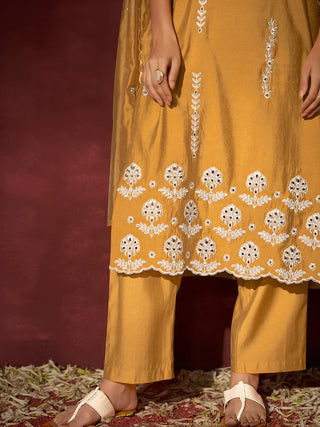 Mustard Silk Blend Schiffli Embroidered Suit Set with Organza Dupatta