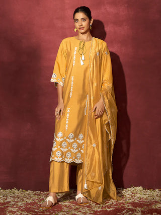 Mustard Silk Blend Schiffli Embroidered Suit Set with Organza Dupatta