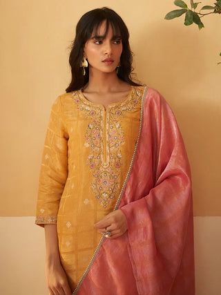 Mustard Tissue Silk Embroidered Straight Shape Kurta with Viscose Bottom and an Organza Dupatta