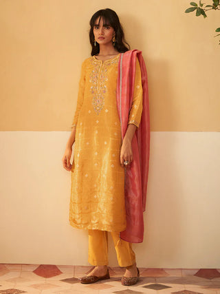 Mustard Tissue Silk Embroidered Straight Shape Kurta with Viscose Bottom and an Organza Dupatta