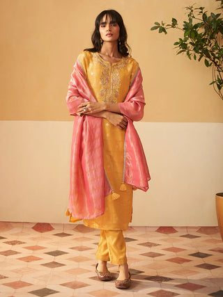 Mustard Tissue Silk Embroidered Straight Shape Kurta with Viscose Bottom and an Organza Dupatta