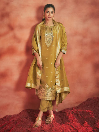 Mustard Tissue Silk Jacquard Straight Shape Kurta with Viscose Bottom and an Organza Dupatta