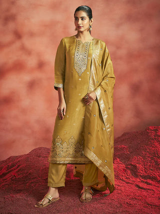 Mustard Tissue Silk Jacquard Straight Shape Kurta with Viscose Bottom and an Organza Dupatta