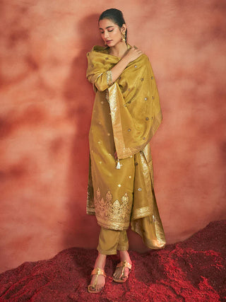 Mustard Tissue Silk Jacquard Straight Shape Kurta with Viscose Bottom and an Organza Dupatta