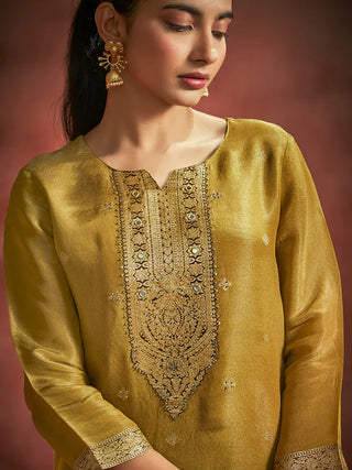 Mustard Tissue Silk Jacquard Straight Shape Kurta with Viscose Bottom and an Organza Dupatta