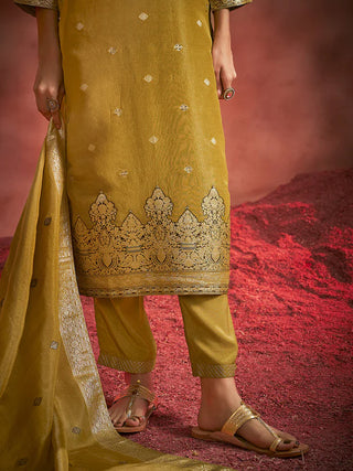 Mustard Tissue Silk Jacquard Straight Shape Kurta with Viscose Bottom and an Organza Dupatta