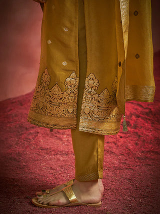 Mustard Tissue Silk Jacquard Straight Shape Kurta with Viscose Bottom and an Organza Dupatta