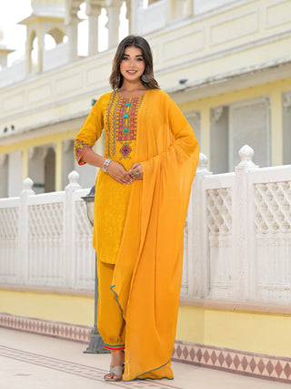 Mustard Rayon Ethnic Motif Printed Suit Set with Organza Dupatta