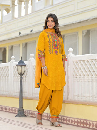 Mustard Rayon Ethnic Motif Printed Suit Set with Organza Dupatta