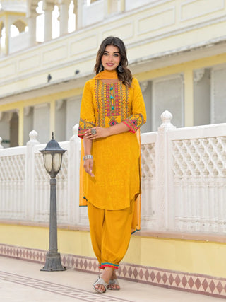 Mustard Rayon Ethnic Motif Printed Suit Set with Organza Dupatta