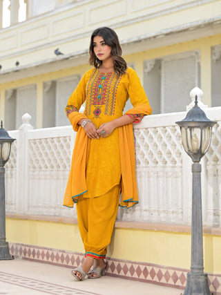 Mustard Rayon Ethnic Motif Printed Suit Set with Organza Dupatta