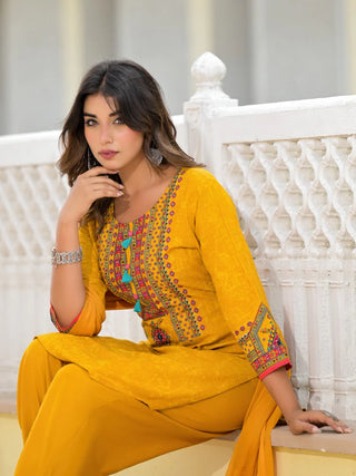 Mustard Rayon Ethnic Motif Printed Suit Set with Organza Dupatta