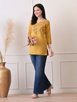 Mustard Cotton Blend Embroidered Short Kurta