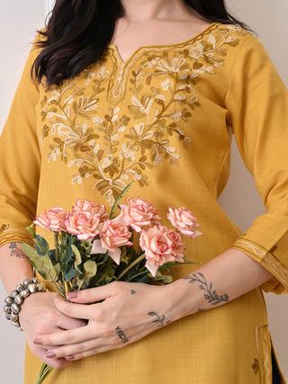 Mustard Cotton Blend Embroidered Short Kurta