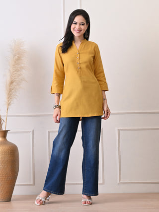 Mustard Cotton Blend Embroidered Short Kurta